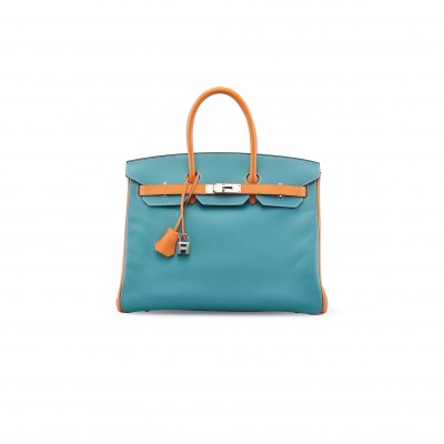 HERMÈS BIRKIN 25 TOGO LEATHER PEACOCK BLUE AND SUN YELLOW LEATHER WITH HORSESHOE LOGO SILVER BUCKLE 10092958 (25*20*13cm)